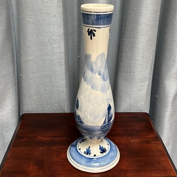Tall Slender Blue Delft Bud Vase w/ Windmill on one side, Sailboat on the other - Picture 8 of 14